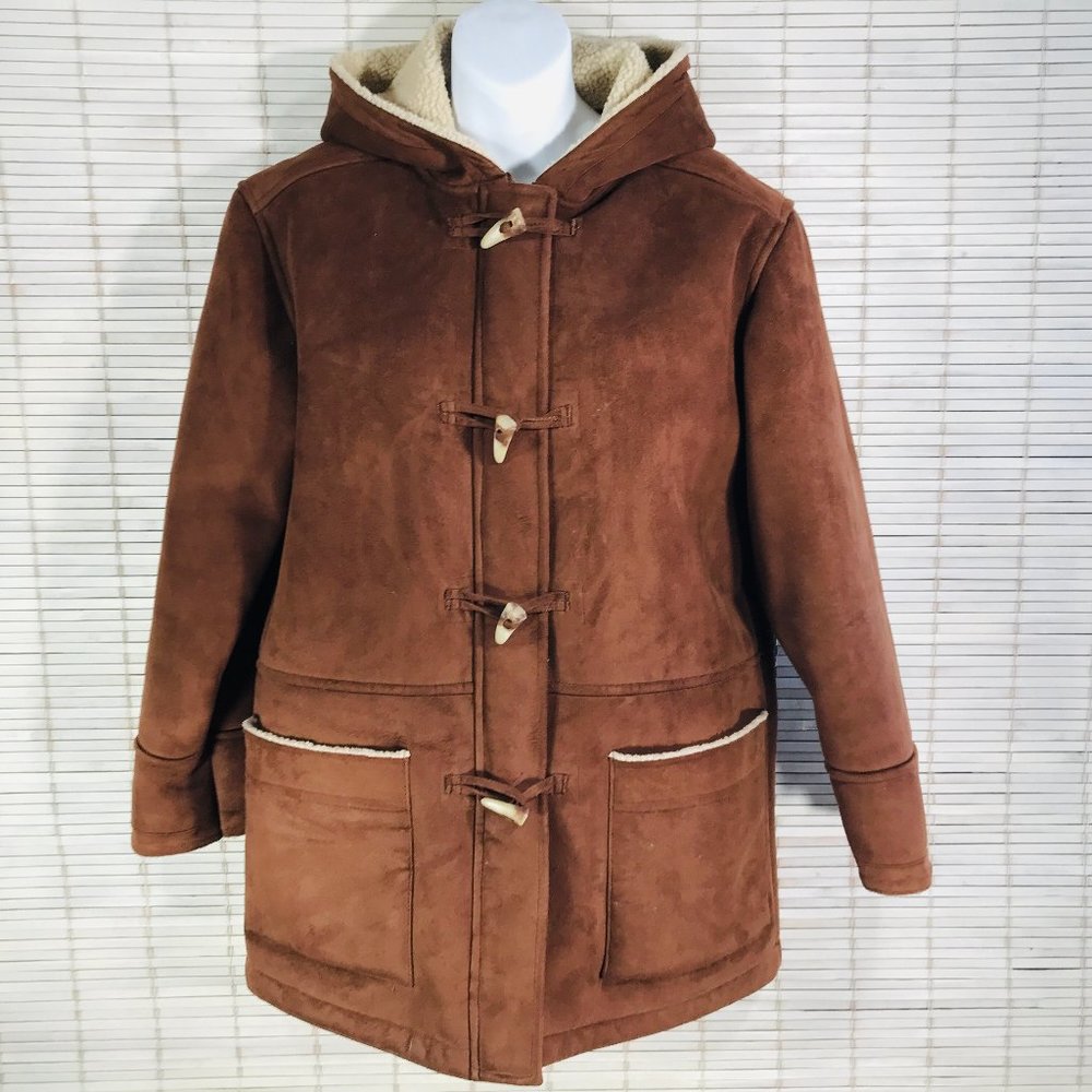 Lauren Ralph Lauren M Heavy Jacket Brown Microfiber Sherpa Hood Toggle & Zip EUC